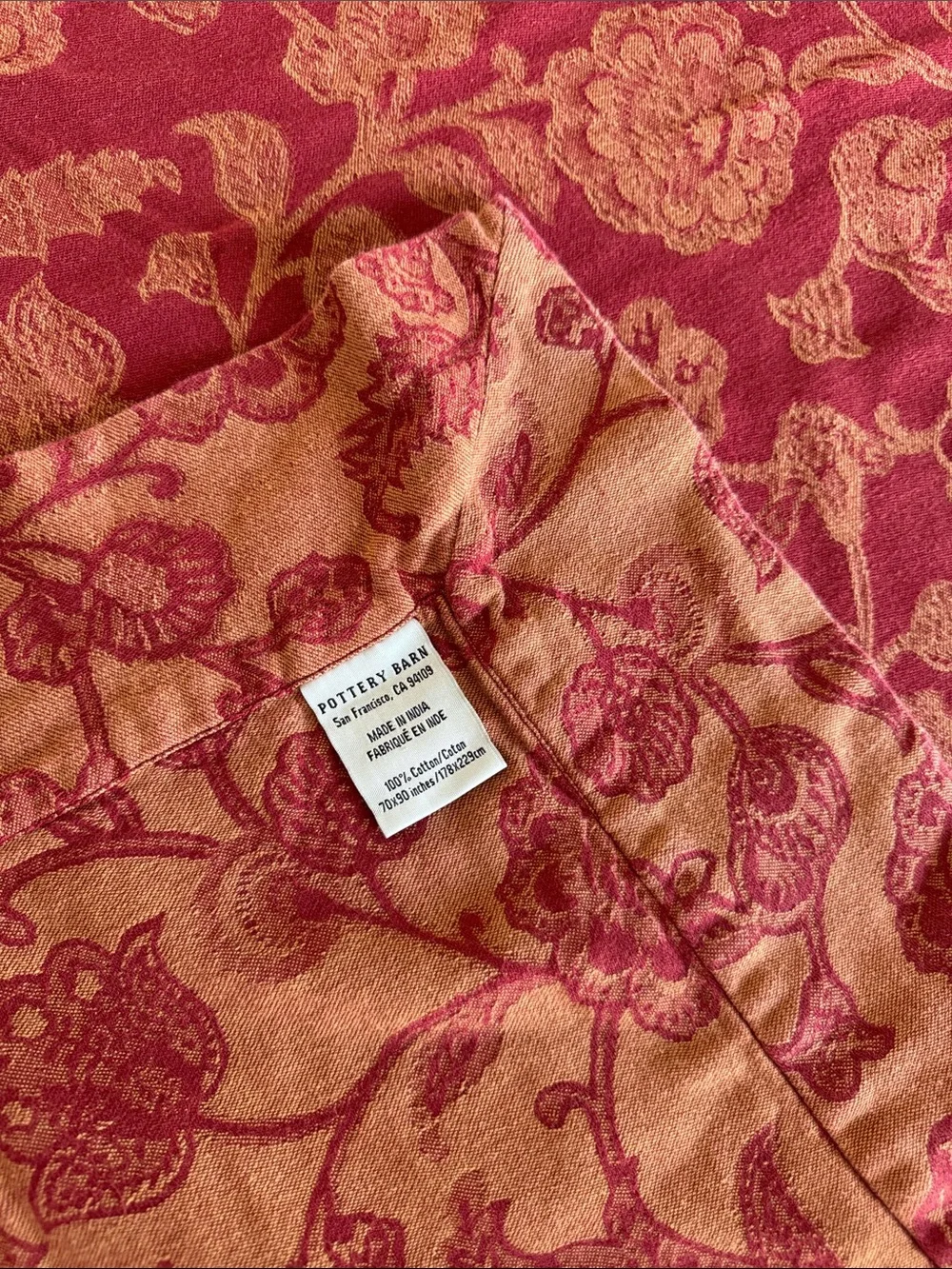 Pottery Barn Red and Cream Floral Jacquard Tablecloth